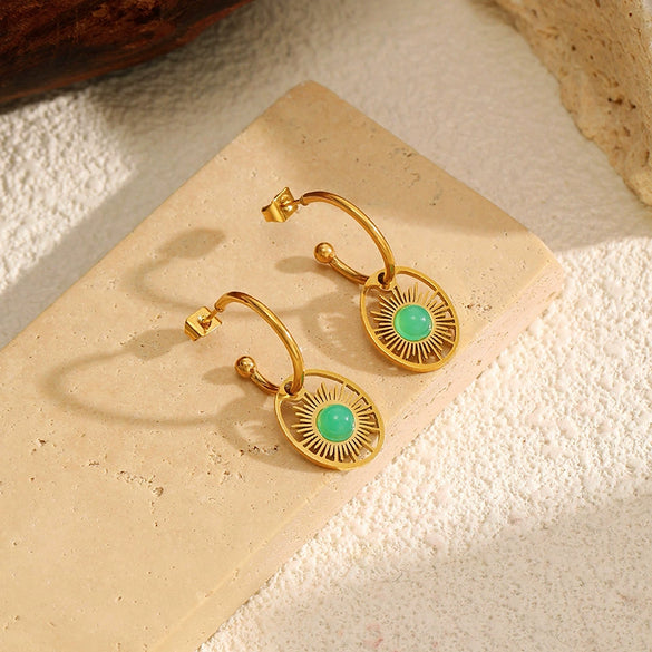Wholesale Women's Stainless Steel Round Hollow Zircon Geometric Sunflower Pvd Furnace Vacuum Real Gold Plated Earrings
