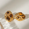 Wholesale Women's Stainless Steel Round Irregular Tiger Eye Stone Earrings With Electroplating And Geometric Design Jewelry