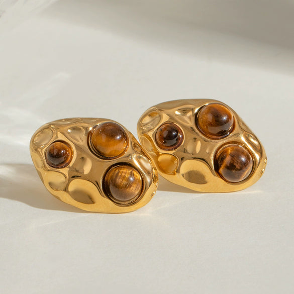 Wholesale Women's Stainless Steel Round Irregular Tiger Eye Stone Earrings With Electroplating And Geometric Design Jewelry