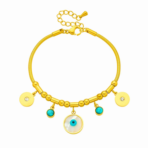 Wholesale Women's Stainless Steel Round Plate Pendant With Blueeyed Pattern And Electroplated Titanium Steel Chain Metal Bracelet