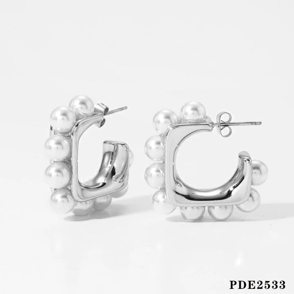 Wholesale Women's 316 Stainless Steel Shell Pearl Inlaid C Shaped Electroplated High End Fashion Earrings
