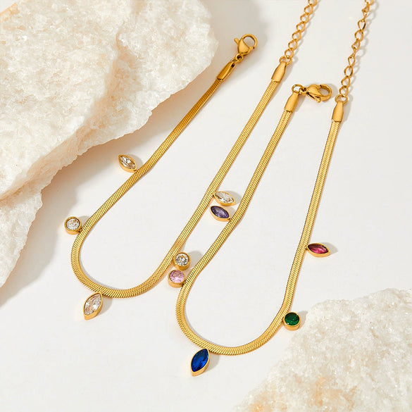 Wholesale Women's Stainless Steel Snake Bone Chain Jewelry Set With Colored Zircon Love Water Drops Bell Pattern Electroplated Tassel Necklace And Anklet