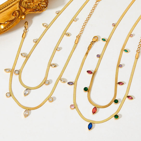 Wholesale Women's Stainless Steel Snake Bone Chain Jewelry Set With Colored Zircon Love Water Drops Bell Pattern Electroplated Tassel Necklace And Anklet