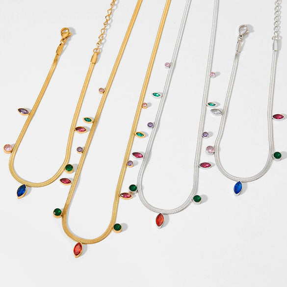 Wholesale Women's Stainless Steel Snake Bone Chain Jewelry Set With Colored Zircon Love Water Drops Bell Pattern Electroplated Tassel Necklace And Anklet