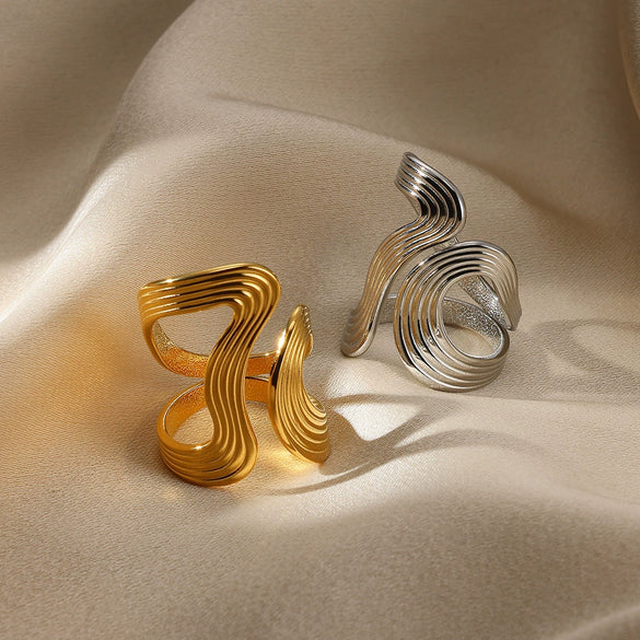 Wholesale Women's Stainless Steel Snake Shaped Open Ring With Irregular Curve Geometric Arc Design Electroplated Non Fading