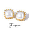 Wholesale Women's Stainless Steel Square Earrings With Pearl Joker Design And Electroplating Treatment