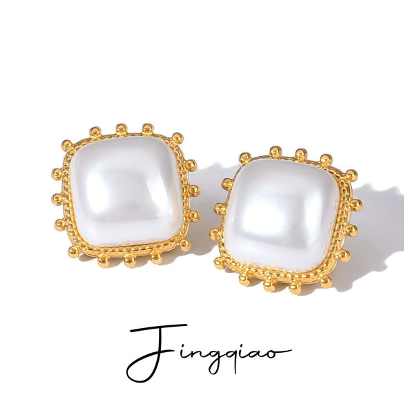 Wholesale Women's Stainless Steel Square Earrings With Pearl Joker Design And Electroplating Treatment