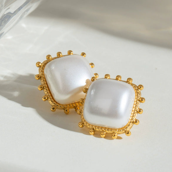 Wholesale Women's Stainless Steel Square Earrings With Pearl Joker Design And Electroplating Treatment