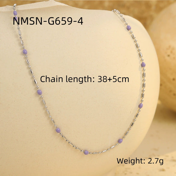 Wholesale Women's Stainless Steel Stacked Oildropping Rice Bead Clavicle Necklace With Electroplating Treatment