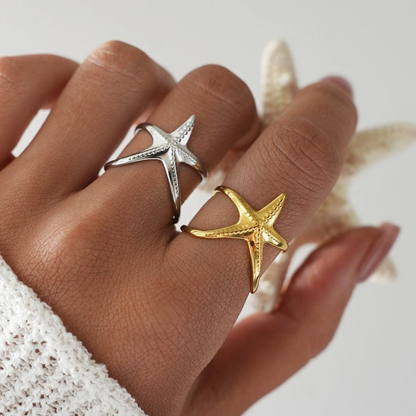 Wholesale Women's Stainless Steel Star And Starfish Design Pvd Furnace Vacuum Real Gold Plated Rings