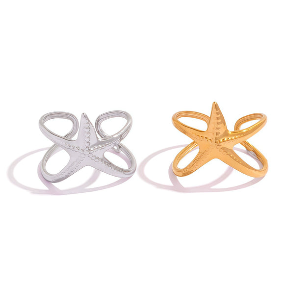 Wholesale Women's Stainless Steel Star And Starfish Design Pvd Furnace Vacuum Real Gold Plated Rings