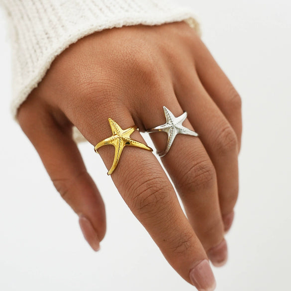 Wholesale Women's Stainless Steel Star And Starfish Design Pvd Furnace Vacuum Real Gold Plated Rings
