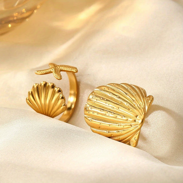 Wholesale Women's Stainless Steel Starfish Animal Style Opening Finger Ring With Electroplating