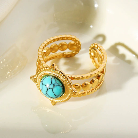 Wholesale Women's Stainless Steel Starshaped Ring With Natural Stone Inlay Retro Fashion Style Electroplated