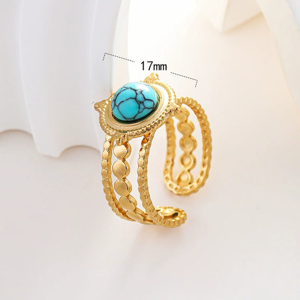Wholesale Women's Stainless Steel Starshaped Ring With Natural Stone Inlay Retro Fashion Style Electroplated
