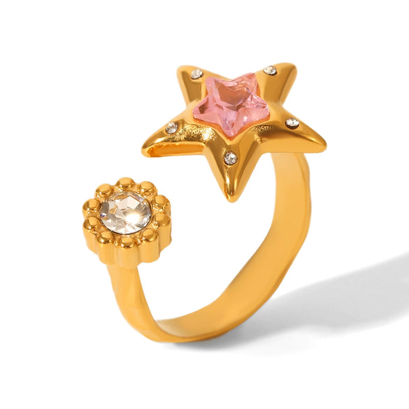 Wholesale Women's Stainless Steel Starshaped Zirconia Inlaid Open Ring Hand Jewelry