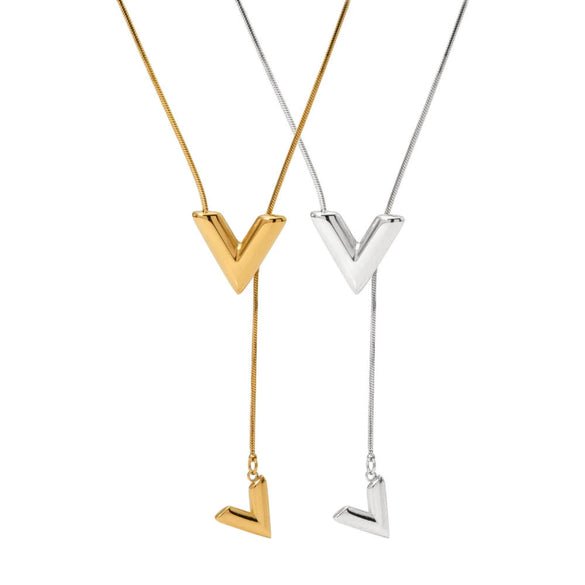 Wholesale Women's Stainless Steel V Shaped Letter Necklace With Snake Bone Chain And Electroplating