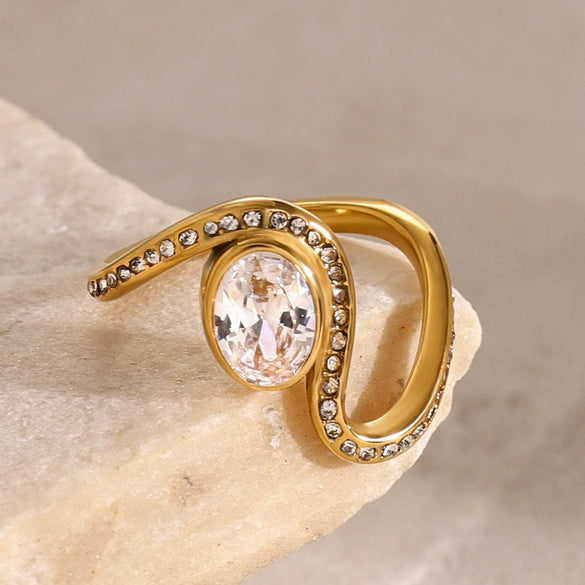 Wholesale Women's Stainless Steel Wave Oval Diamond Ring With Electroplating In Ins Geometric Style French Light Luxury Fashion Does Not Fade