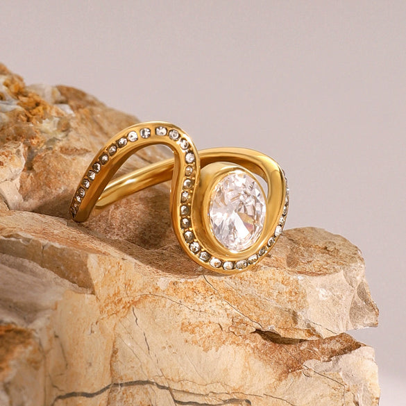 Wholesale Women's Stainless Steel Wave Oval Diamond Ring With Electroplating In Ins Geometric Style French Light Luxury Fashion Does Not Fade