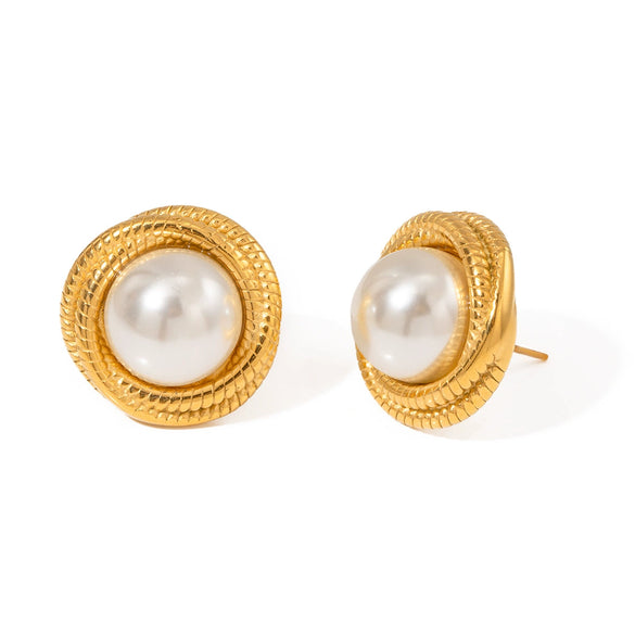 Wholesale Women's Stainless Steel White Pearl Electroplated Geometric Winding Thread Earrings With Original Design