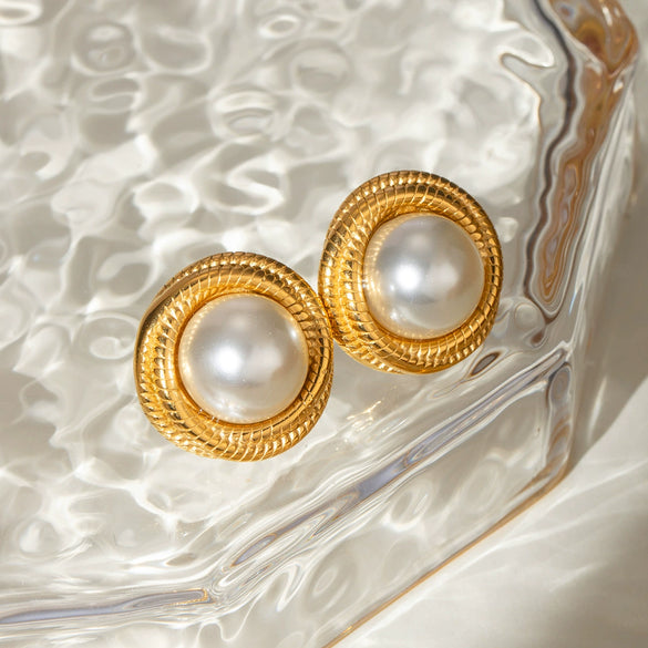 Wholesale Women's Stainless Steel White Pearl Electroplated Geometric Winding Thread Earrings With Original Design