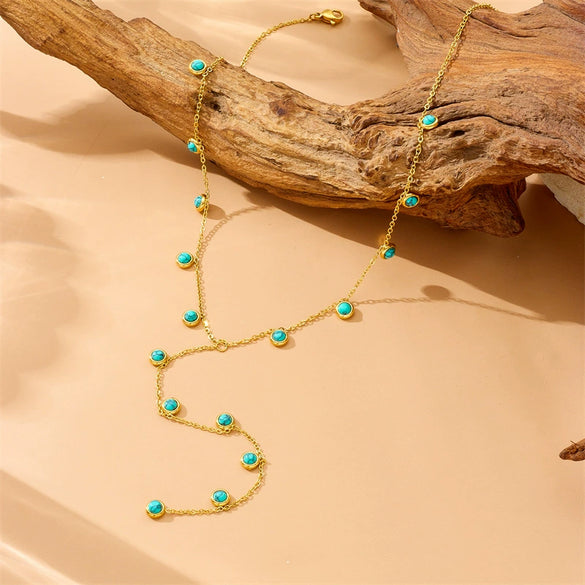 Wholesale Women's Stainless Steel Yshaped Tassel Necklace With Round Turquoise Electroplating Design