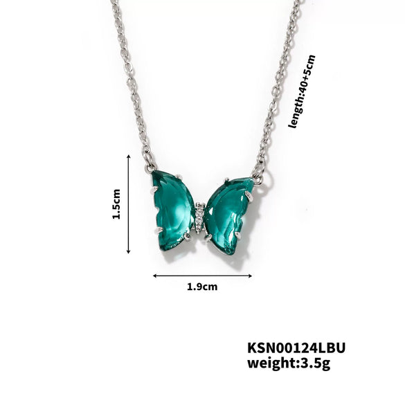 Wholesale Women's Stainless Steel Zircon Butterfly Sweet Style Necklace With Ochain Set With Glass