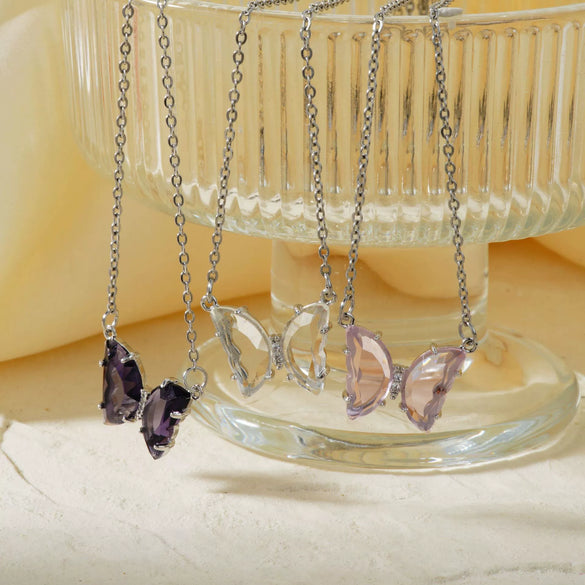 Wholesale Women's Stainless Steel Zircon Butterfly Sweet Style Necklace With Ochain Set With Glass