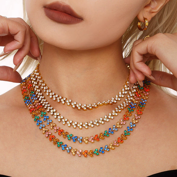 Wholesale Women's Stainless Steel Zircon Geometric Splicing Light Luxury Style Handinlaid Necklace Plated With Real Gold