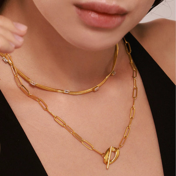 Wholesale Women's 316L Stainless Steel Zircon Geometric Square Pendant Necklace With Gold Plated Electroplating Double Layer Stacked Chain