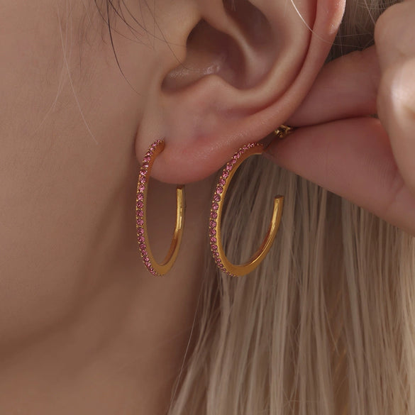 Wholesale Women's Stainless Steel Zircon Inlaid Geometric U Shape Light Luxury Style Circle Earrings With Electroplating Treatment