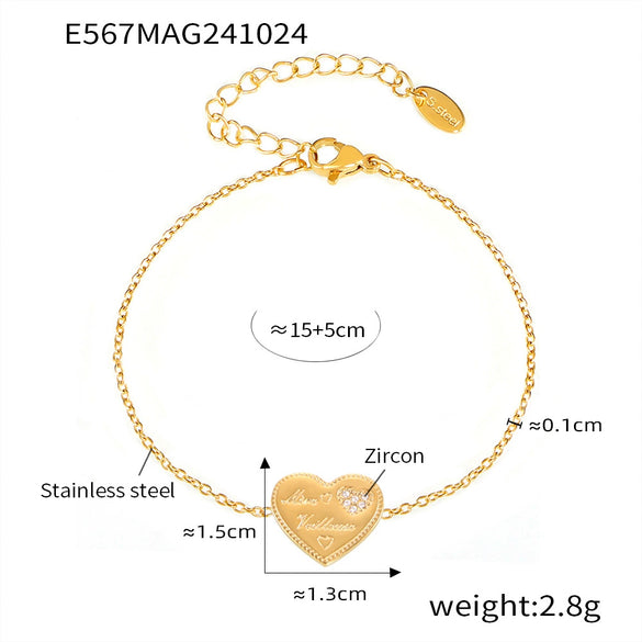 Wholesale Women's Stainless Steel Zircon Love Letter Heart Geometric Style Electroplated Bracelet