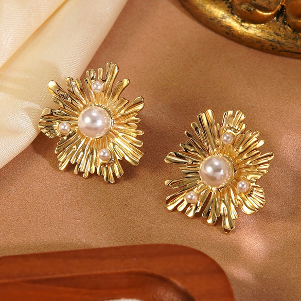 Wholesale Women's Stamped Flower Pearl Stainless Steel Earrings Retro Stylish Jewelry