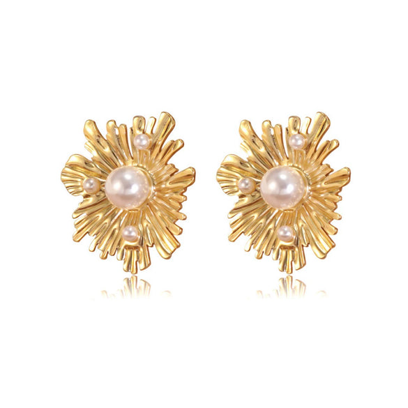 Wholesale Women's Stamped Flower Pearl Stainless Steel Earrings Retro Stylish Jewelry