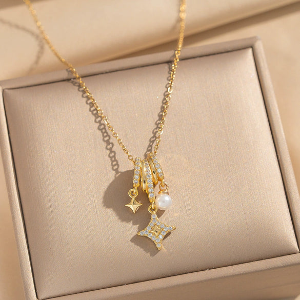 Wholesale Women's Star Pattern Pearl Ring And Full Diamond Necklace With Titanium Steel And Copper Inlaid Zircon O Word Chain Gold Plated