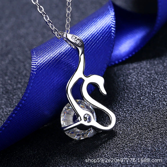 Wholesale Women's Sterling Silver Animals Zodiac Swan Pendant Cross Chain Necklace With Simulation Diamond And Electroplating Treatment