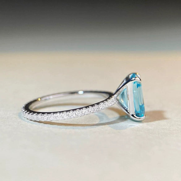 Wholesale Women's 925 Sterling Silver Aquamarine Emerald Cut Geometric Ring Plated Pt950 Gold