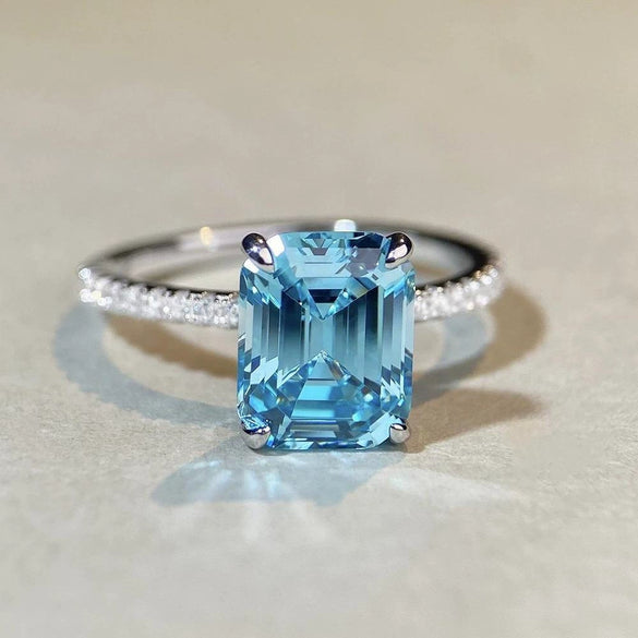 Wholesale Women's 925 Sterling Silver Aquamarine Emerald Cut Geometric Ring Plated Pt950 Gold