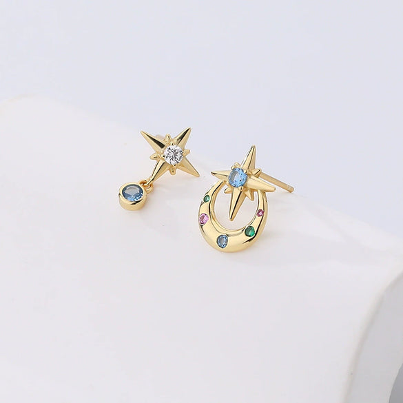 Wholesale Women's 925 Sterling Silver Asymmetric Star Earrings With Electroplating And Colorful Zircon