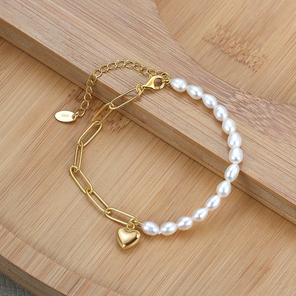 Wholesale Women's 925 Sterling Silver Bracelet With Natural Baroque Pearl And Heart Shape Geometric Design Electroplated