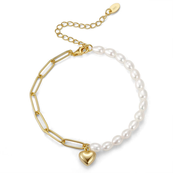 Wholesale Women's 925 Sterling Silver Bracelet With Natural Baroque Pearl And Heart Shape Geometric Design Electroplated