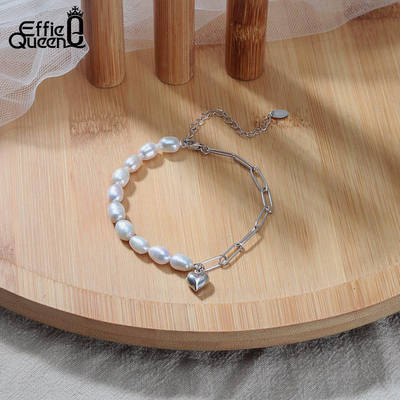 Wholesale Women's 925 Sterling Silver Bracelet With Natural Baroque Pearl And Heart Shape Geometric Design Electroplated