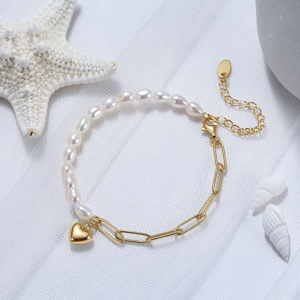 Wholesale Women's 925 Sterling Silver Bracelet With Natural Baroque Pearl And Heart Shape Geometric Design Electroplated
