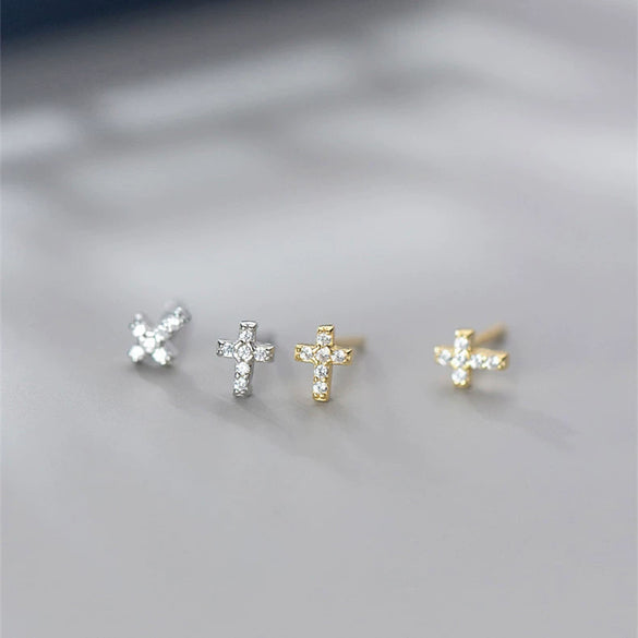 Wholesale Women's 925 Sterling Silver Cross Earrings With Mini Diamond Plated 14K Gold Base And Simple Style