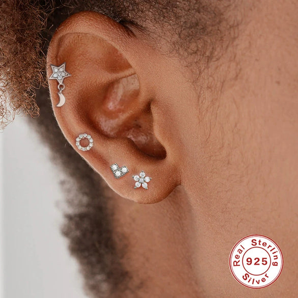 Wholesale Women's Sterling Silver Cute Mini Star Moon Puncture Thread Ear Nails With Electroplating