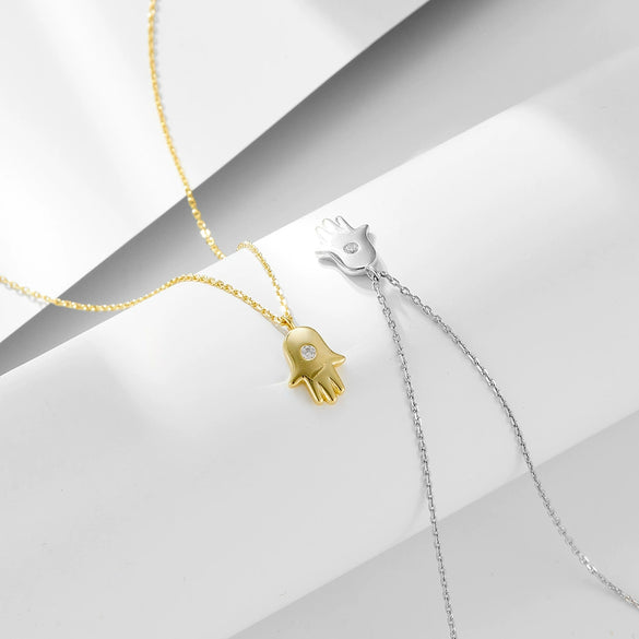 Wholesale Women's 925 Sterling Silver Diamond Fatima Palm Pendant Necklace With Cross Chain