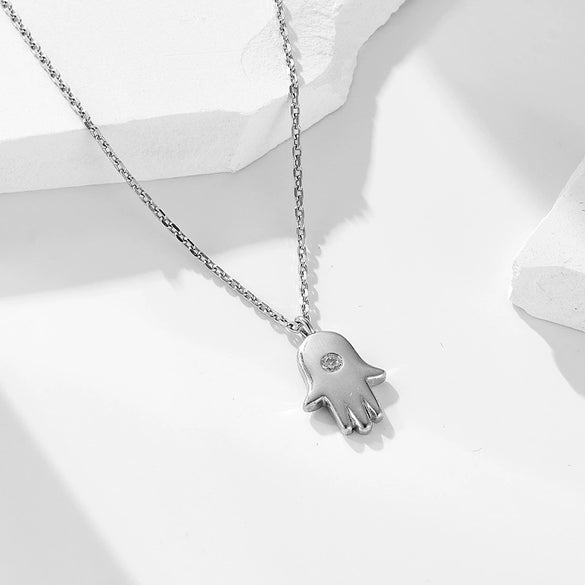 Wholesale Women's 925 Sterling Silver Diamond Fatima Palm Pendant Necklace With Cross Chain