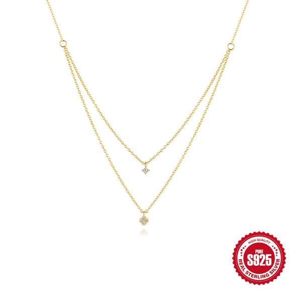 Wholesale Women's 925 Sterling Silver Doublelayer Lucky Fourleaf Clover Minimalist Ochain Necklace With Diamondencrusted And Electroplating Treatment