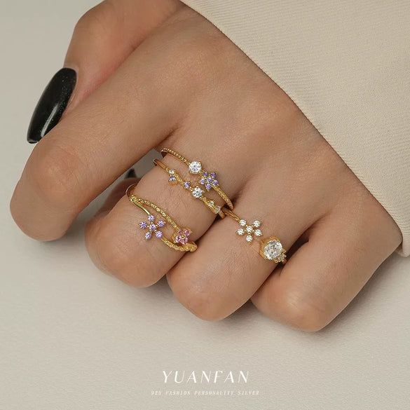 Wholesale Women's 925 Sterling Silver Flower Open Adjustable Ring With Colored Zirconium In Light Luxury Style