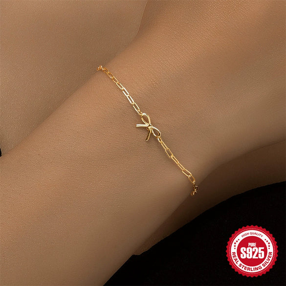 Wholesale Women's 925 Sterling Silver Geometric Bow Knot Paper Clip Bracelet With Electroplating And Real Gold Plating Simple Style